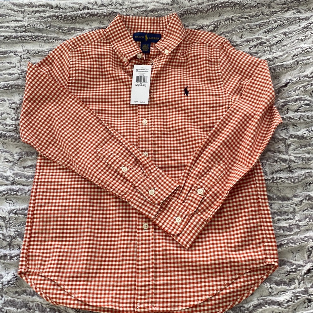 Boys, M (10-12), 100% cotton, Ralph Lauren, button down. Never worn. TAG ON!